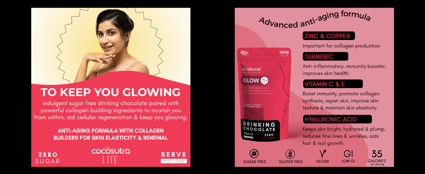 Cocosutra GLOW Sugar Free Drinking Chocolate Mix, Trial Pack | Keto Friendly Chocolate Drink | Supports Skin Elasticity & Renewal | 200g