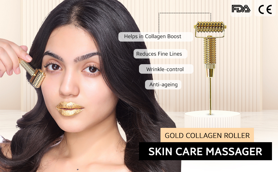HOUSE OF BEAUTY Gold Collagen Roller Skin Care Massager for Face & Neck Stimulates Muscles, helps in Collagen Boosting (Golden)