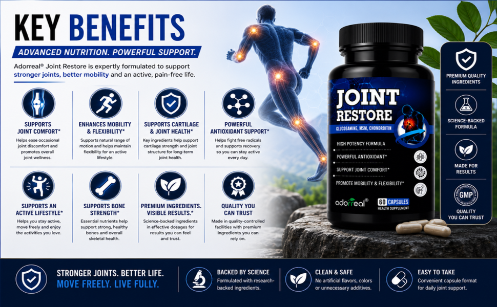 Joint Restore | Glucosamine, Chondroitin & MSM Capsules | Extra Strength Joint, Cartilage & Bone Support | Supports Mobility & Flexibility | 60 Capsules