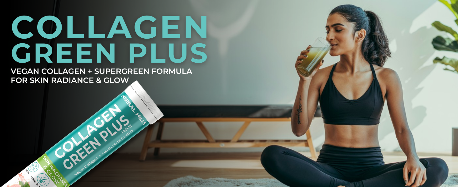 Herbal Hills Collagen Green Plus Tablets for Skin Radiance & Glow, Vegan Collagen & Supergreen Formula - 15 Effervescent Tablets (Pack of 1)
