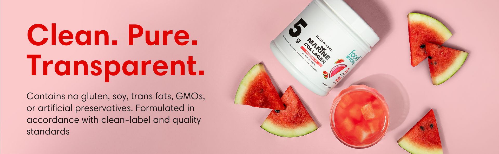 Foodstrong Hydrolyzed Marine Collagen Powder – Watermelon Flavour | 30 Servings | Supports Skin Hydration, Hair Nourishment & Glow | 210g