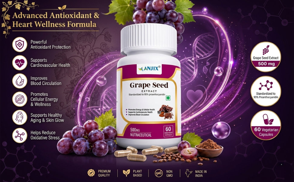 Grapes Seed Extract 500mg Capsules, Antioxidant Supplement, Promote Healthy Hair And Skin And Good Health, Healthy Cholesterol Level, Boost Immunity, 60 Veg capsules