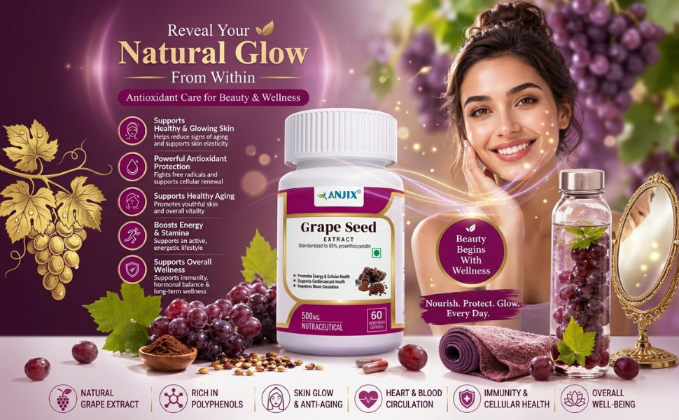 Grapes Seed Extract 500mg Capsules, Antioxidant Supplement, Promote Healthy Hair And Skin And Good Health, Healthy Cholesterol Level, Boost Immunity, 60 Veg capsules