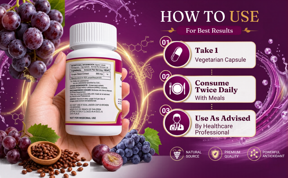 Grapes Seed Extract 500mg Capsules, Antioxidant Supplement, Promote Healthy Hair And Skin And Good Health, Healthy Cholesterol Level, Boost Immunity, 60 Veg capsules