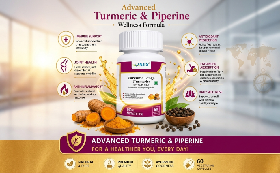 Curcumin Capsules with Piperine 500mg | 95% Curcumin Turmeric Extract | Supports Immune Health, Joint Comfort & Overall Wellness | 60 Vegetarian Capsules