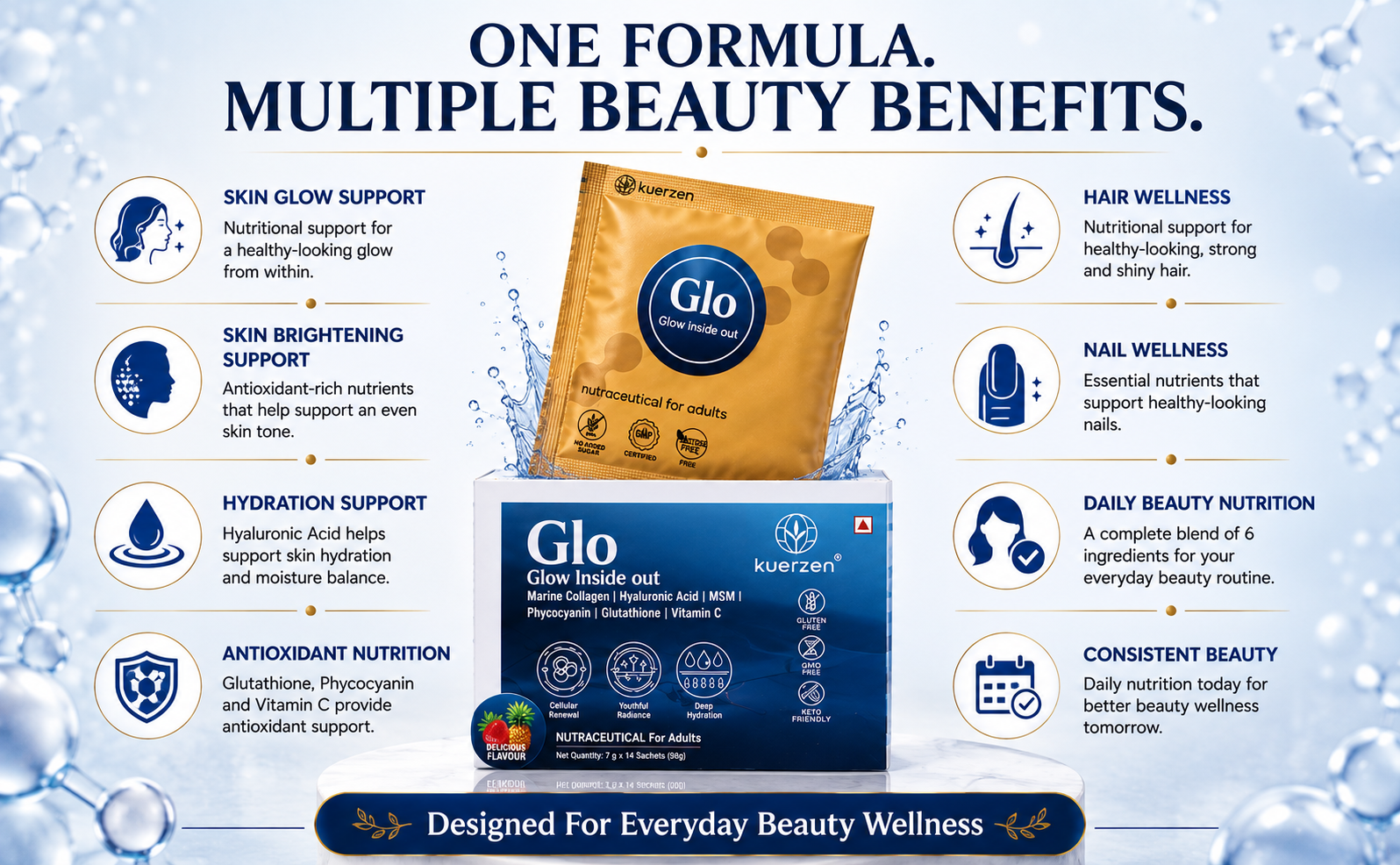 GLO Marine Collagen Powder, No Added Sugar, 98g (14 Sachets)
