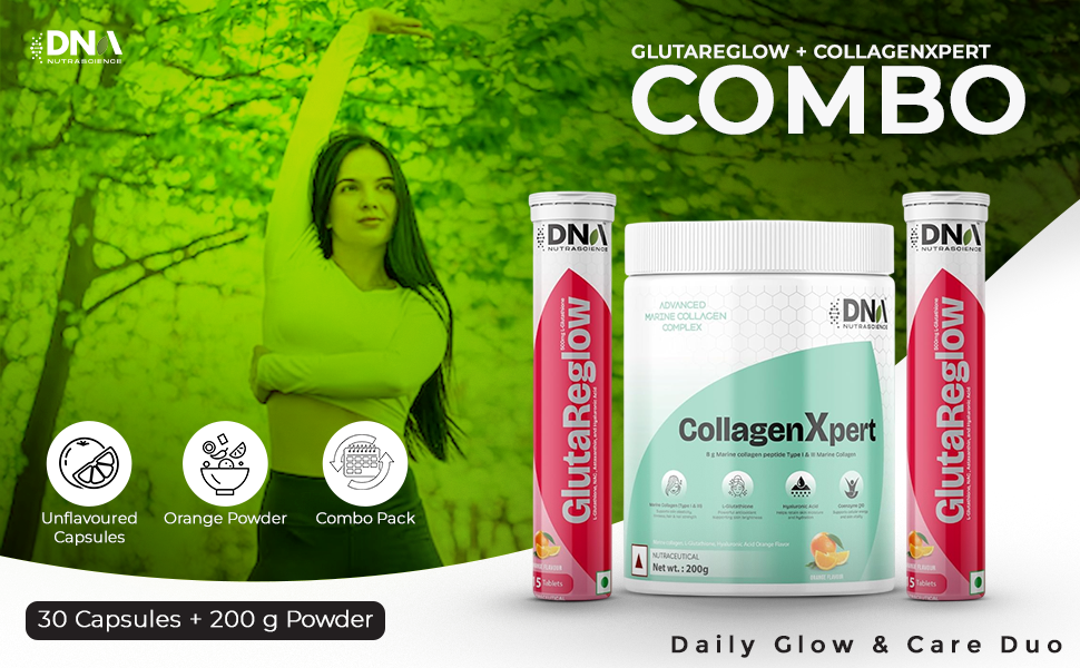GlutaReglow 30 Effervescent Tablets + CollagenXpert Marine Collagen 200 g, L-Glutathione, Hyaluronic Acid, CoQ10, Orange Combo