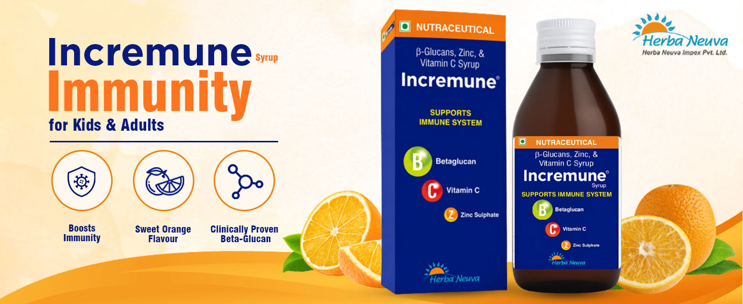 HERBA NEUVA Incremune Immunity Booster Syrup for Kids and Adults | Beta-Glucan with Vitamin C & Zinc | Supports Immune System | Helps Reduce Frequency of Recurrent Illness, Reduces Duration of Illness | Sweet Orange | 150 ml Syrup