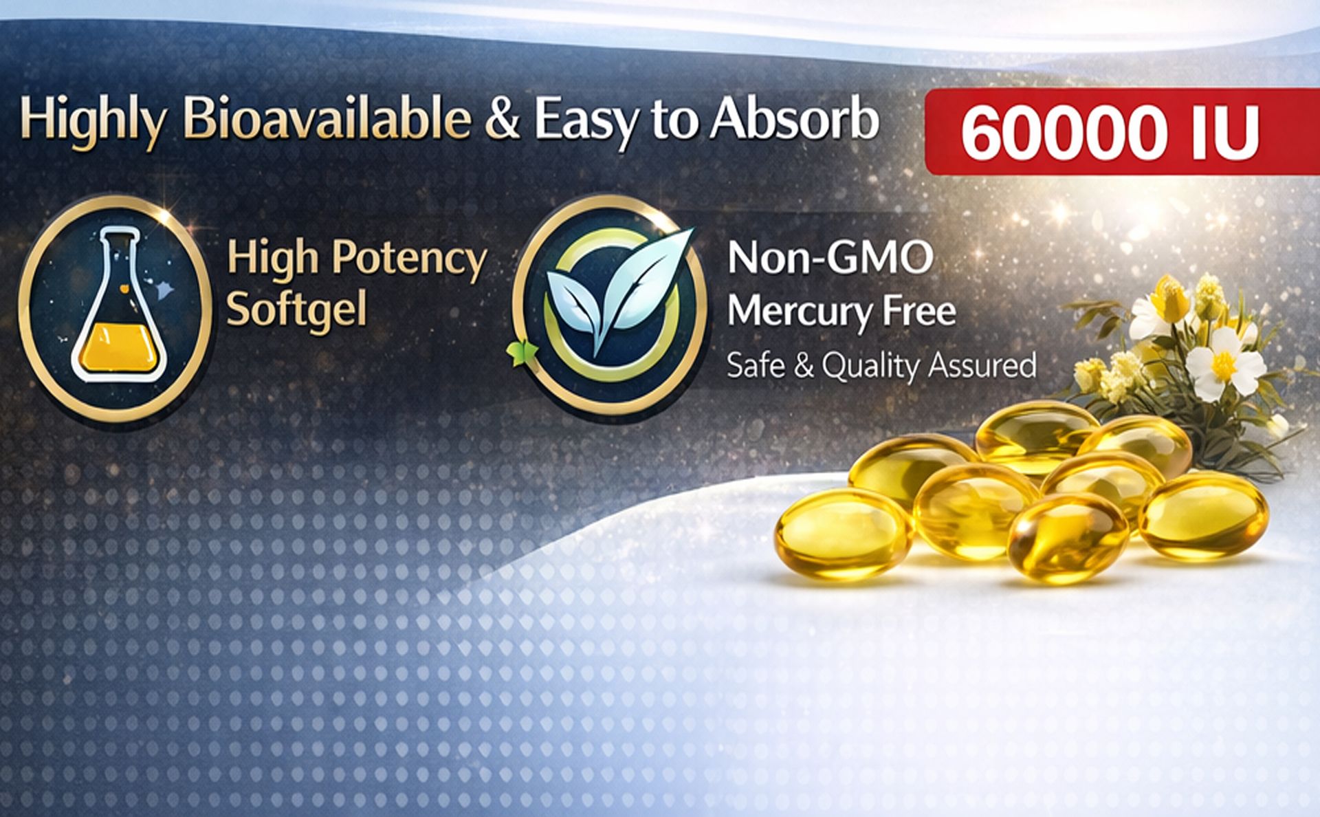 Vitamin D3 60000 IU Cholecalciferol Softgel Capsules | High Potency | Bone Strength, Immunity & Joint Health | Gluten & Soy Free | 40 Softgels