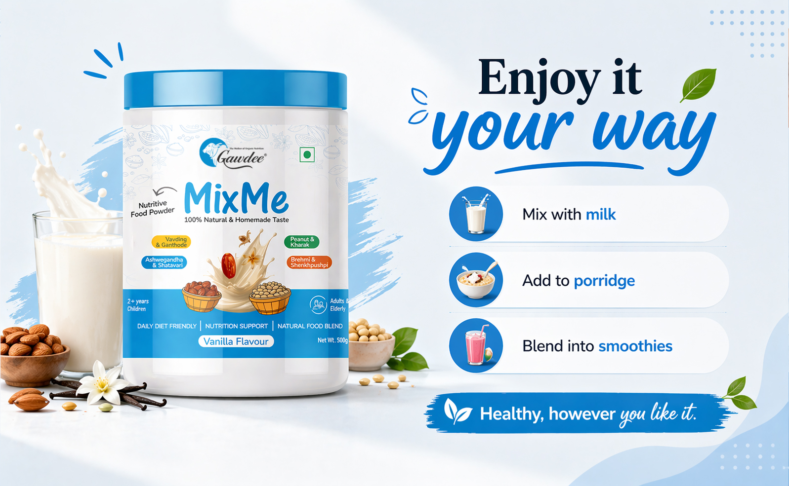 Gawdee MixMe Family Nutrition Powder | 400g | Choco Elaichi Vanilla | Nuts Grains Seeds with Jaggery & Dates | No Refined Sugar | Health Drink Mix for Kids (2+) Adults Seniors | Daily Energy Supplement