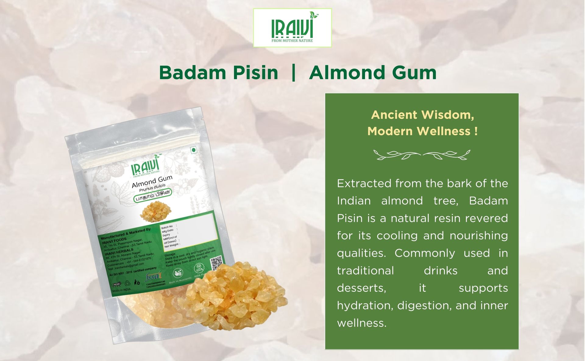RAIVI Premium Badam Pisin-200g | Almond Gum | Gond Katira| Natural Plant-Based Collagen | Cooling & Rejuvenating Edible Resin | Rich in Fiber | Supports Skin Glow & Digestion