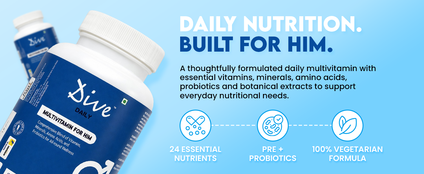 Dive Daily Multivitamin for Men | Daily Men's Multivitamin with Vitamins, Minerals, Amino Acids, Probiotics & Enzymes | Supports Energy, Stamina, Recovery, Immunity & Gut Health | 60 Tablets