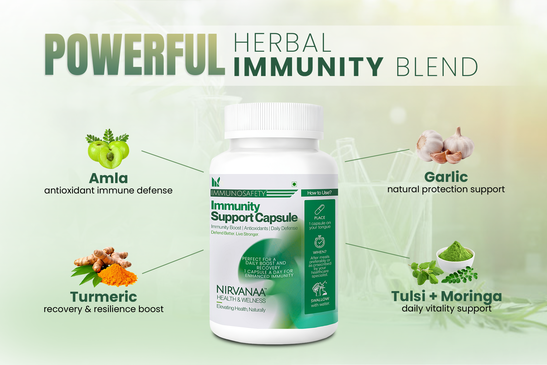 Nirvanaa Health & Wellness IMMUNOSAFETY Immunity Support Capsules | Immunity Support Formula with Amla, Tulsi, Moringa, Neem, Garlic & Turmeric | Antioxidants & Daily Defense | 30 Capsules