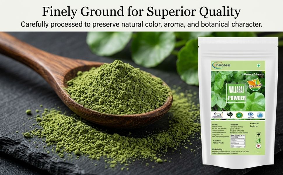 Neotea Gotu Kola Powder | Vallarai | Centella Asiatica & Brahmi (Bacopa Monnieri) | Natural Pennywort Powder | Saraswati Keerai | Neer Brahmi Podi | Pure Herbs | Non-GMO | No Preservatives | Supports Cognitive & Skin Wellness | 1 KG