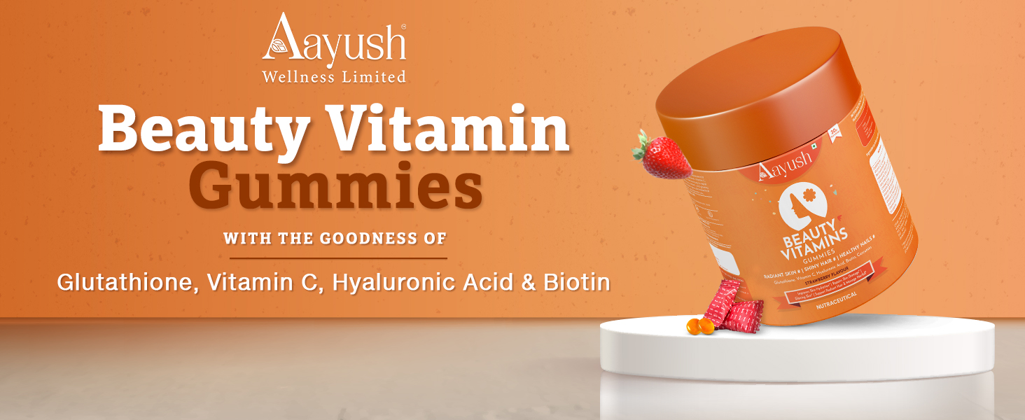 Aayush Wellness Skin, Hair & Nail Gummies (Strawberry Flavor) | With Biotin, Hyaluronic Acid & Vitamin C | Skin Glow, Radiance Support & Antioxidant Formula | Gummy For Men & Women - 30 Gummies