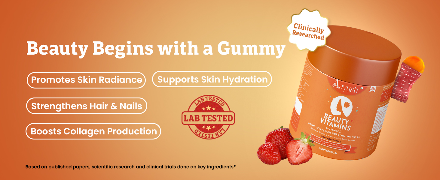 Aayush Wellness Skin, Hair & Nail Gummies (Strawberry Flavor) | With Biotin, Hyaluronic Acid & Vitamin C | Skin Glow, Radiance Support & Antioxidant Formula | Gummy For Men & Women - 60 Gummies