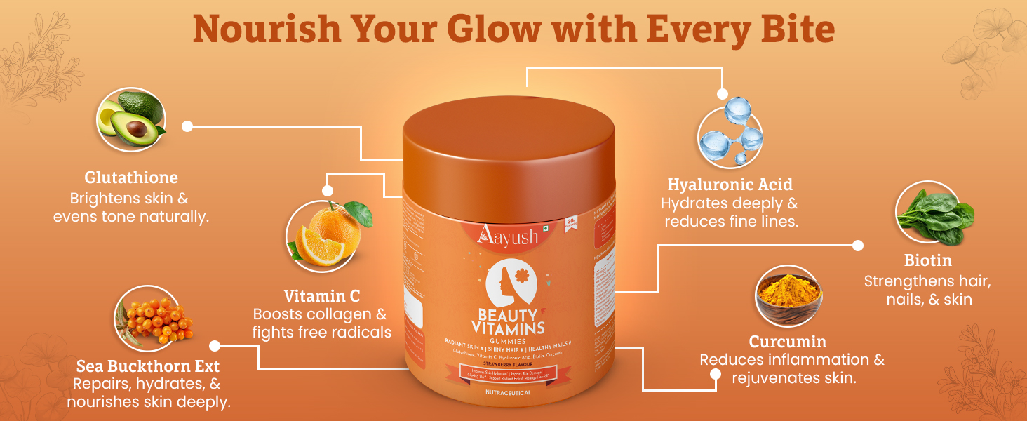 Aayush Wellness Skin, Hair & Nail Gummies (Strawberry Flavor) | With Biotin, Hyaluronic Acid & Vitamin C | Skin Glow, Radiance Support & Antioxidant Formula | Gummy For Men & Women - 60 Gummies