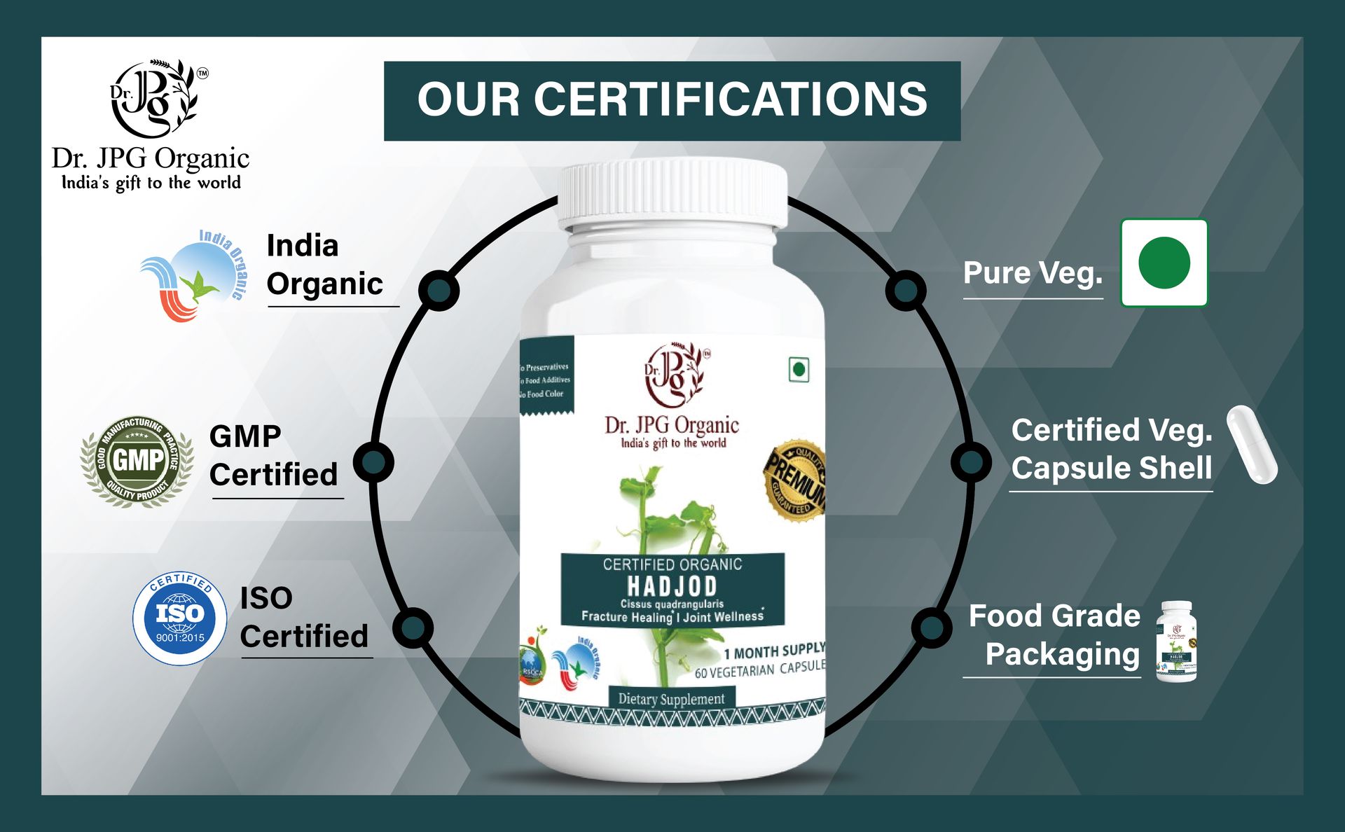 Dr. JPG Organic Hadjod 60veg Capsules for Joint & Bone/India Orgnaic Certified
