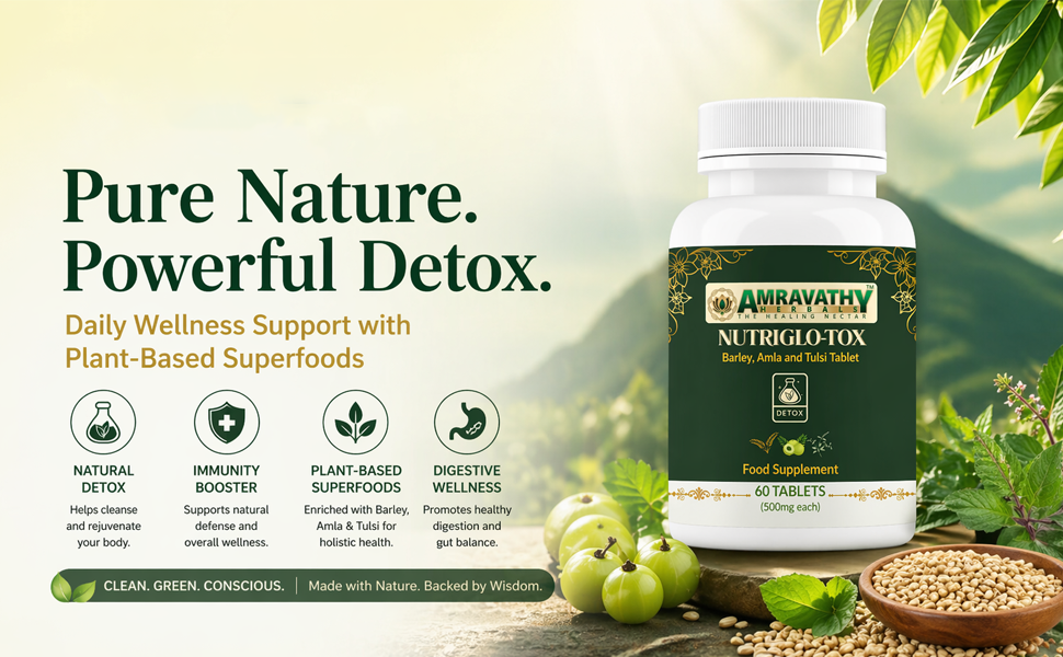 Nutriglo-Tox Tablets | Barley, Amla, Tulsi & Spirulina Blend | Natural Plant-Based Food Supplement | Daily Wellness & Inner Balance Support | 60 Tablets (500 mg Each)
