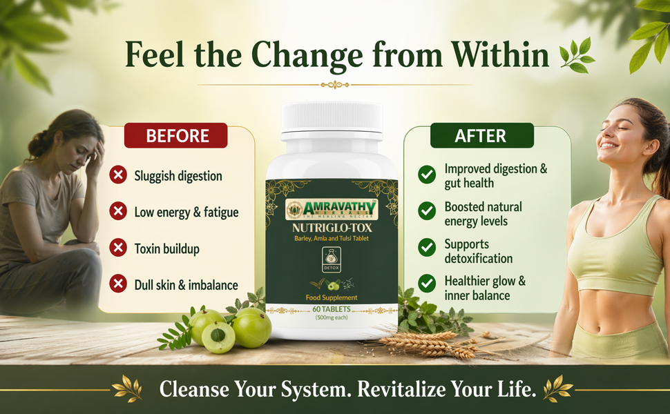 Nutriglo-Tox Tablets | Barley, Amla, Tulsi & Spirulina Blend | Natural Plant-Based Food Supplement | Daily Wellness & Inner Balance Support | 60 Tablets (500 mg Each)