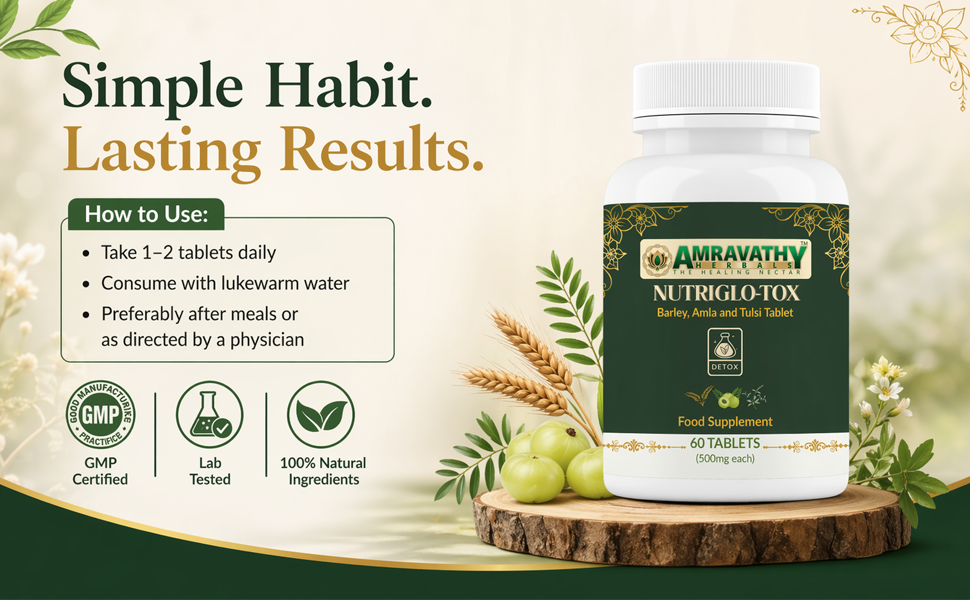 Nutriglo-Tox Tablets | Barley, Amla, Tulsi & Spirulina Blend | Natural Plant-Based Food Supplement | Daily Wellness & Inner Balance Support | 60 Tablets (500 mg Each)