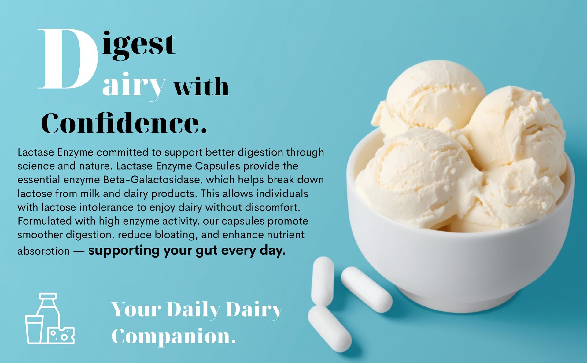 Lactase Enzyme 90 Vegetarian Capsules | 9000 FCC ALU | Extra Strength | Supports Lactose Digestion | Improves Daily Tolerance | Helps in Gas, Bloating, Diarrhoea | 90 Vegetarian Capsules