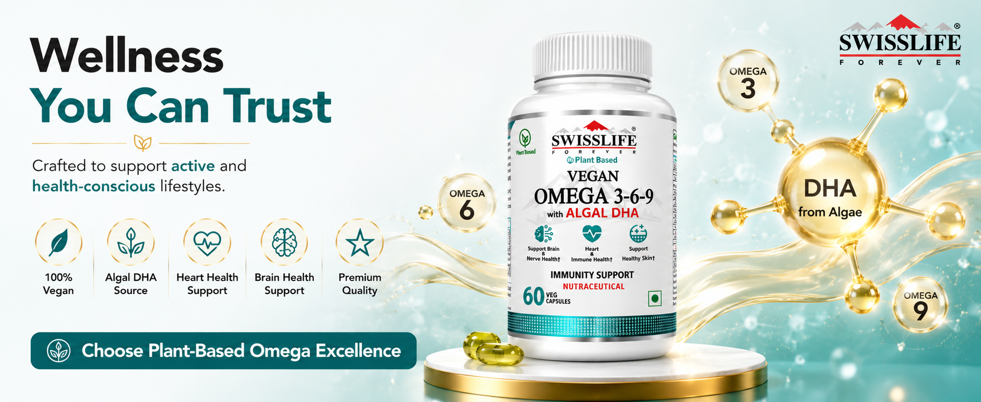 SwissLife Forever Plant Based Vegan Omega 3 6 9 with Algal DHA | Support Brain, Nerve, Heart & Immune Health | Healthy Skin for Men & Women (60 Capsules)