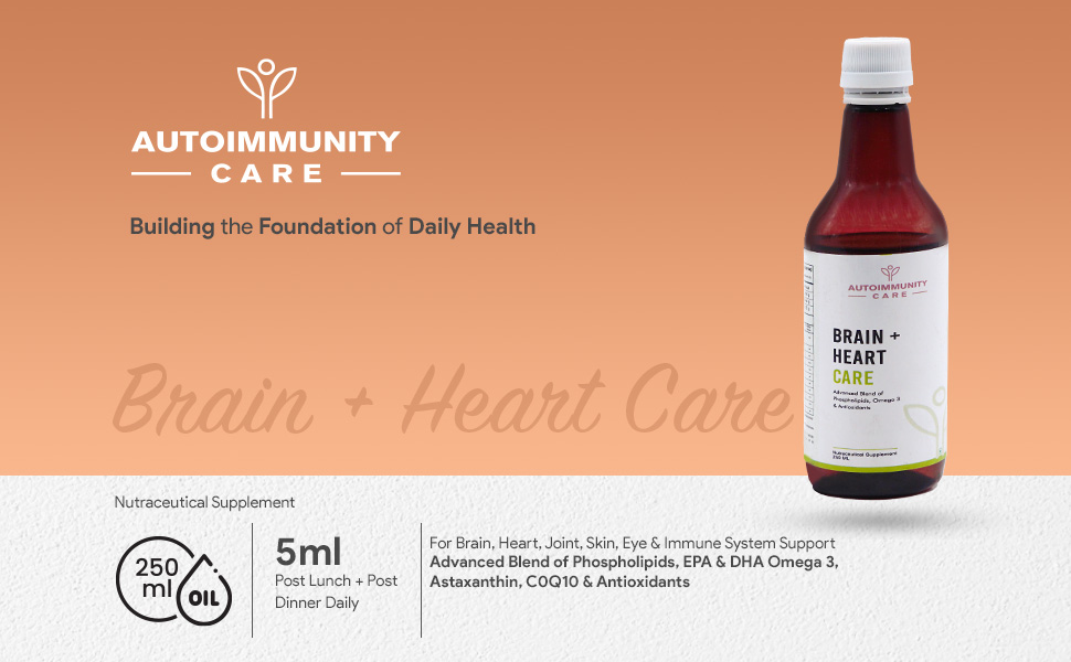 Autoimmunity Care Brain + Heart Care – Vegan Omega 3 EPA DHA with Algal Oil, Phospholipids, MCT and Flaxseed Oil | Brain, Heart, Eye & Joint Health Supplement | High EPA DHA | Astaxanthin & CoQ10 | 250ml (25 Servings)