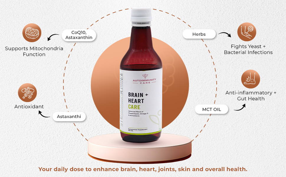 Autoimmunity Care Brain + Heart Care – Vegan Omega 3 EPA DHA with Algal Oil, Phospholipids, MCT and Flaxseed Oil | Brain, Heart, Eye & Joint Health Supplement | High EPA DHA | Astaxanthin & CoQ10 | 250ml (25 Servings)