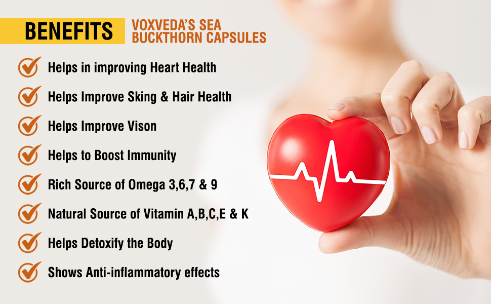 Voxveda's Sea Buckthorn Capsules Rich in Omega 3, 6, 7 & 9 - Immunity Booster | Natural Herbal Capsules | Super Antioxidant | Restores Skin Health