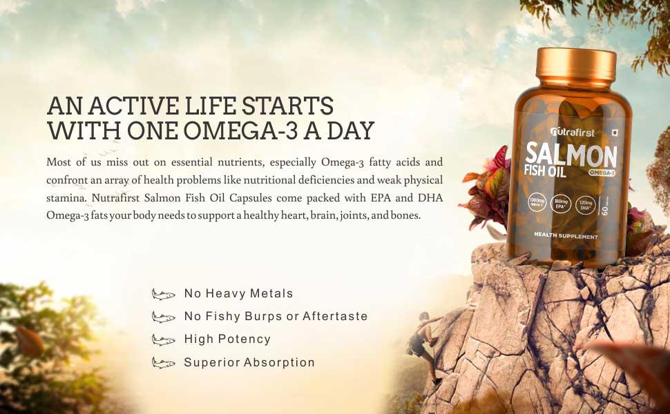 Nutrafirst Salmon Fish Oil Omega-3 Capsules (60 Softgels) (1000mg) | EPA 180mg & DHA 120mg | Supports Heart, Brain, Eye & Joint Health | No Fishy Burps | For Men & Women – Pack of 1