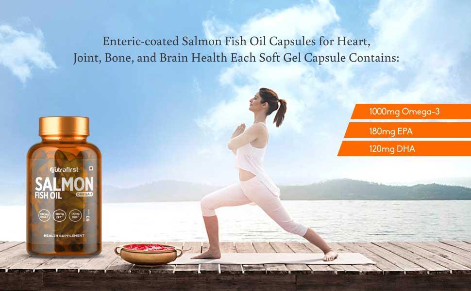 Nutrafirst Salmon Fish Oil Omega-3 Capsules (60 Softgels) (1000mg) | EPA 180mg & DHA 120mg | Supports Heart, Brain, Eye & Joint Health | No Fishy Burps | For Men & Women – Pack of 1