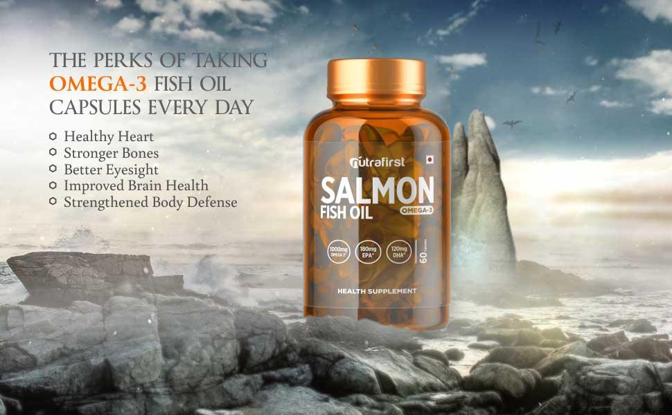 Nutrafirst Salmon Fish Oil Omega-3 Capsules (60 Softgels) (1000mg) | EPA 180mg & DHA 120mg | Supports Heart, Brain, Eye & Joint Health | No Fishy Burps | For Men & Women – Pack of 1