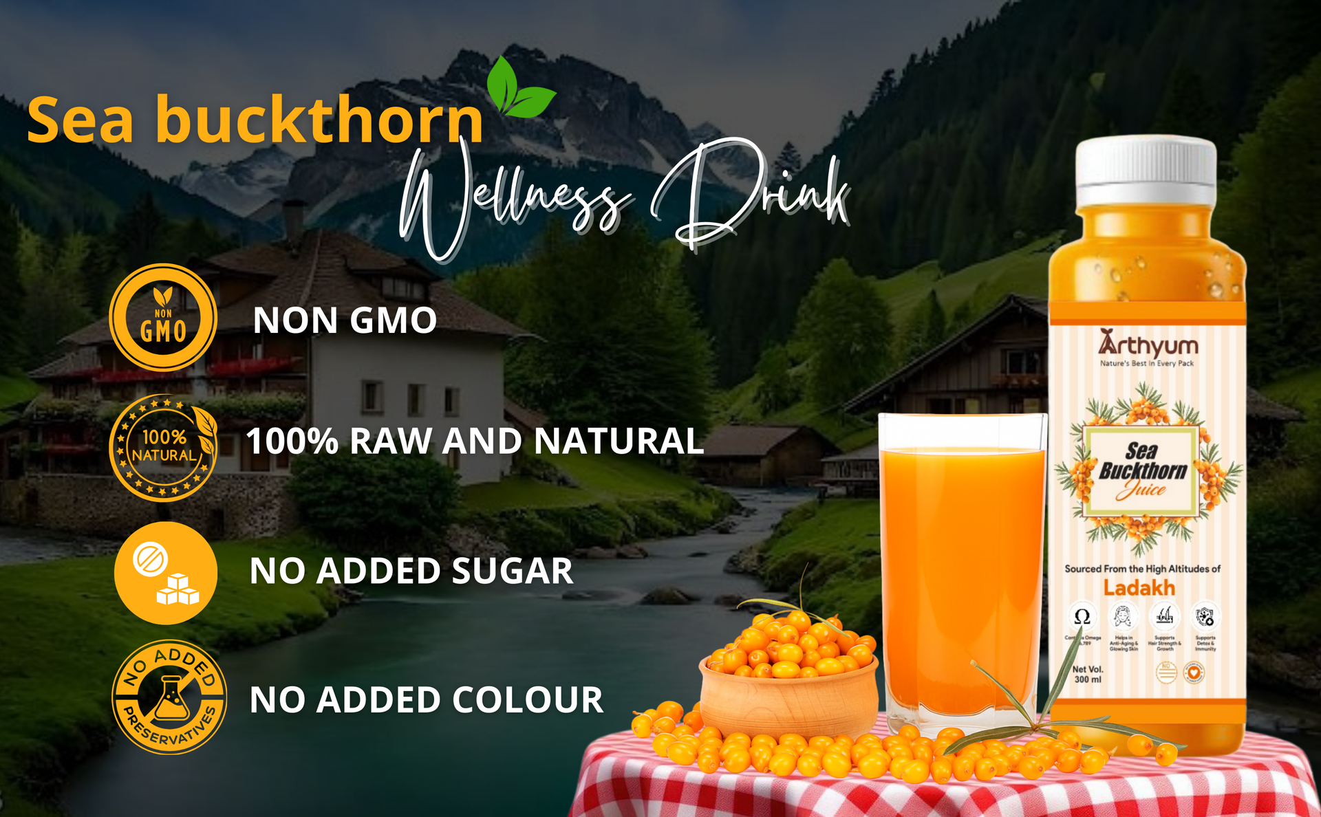 Arthyum Sea Buckthorn Juice Pulp Concentrate 300ml | Cold Pressed Rich In Omega 3,6,7,9 | Natural Vitamin C, Antioxidants | Immunity Booster, Skin Glow, Gut Health Support Herbal Juice | Sourced From Ladakh | Make 50 Glasses | Natural Health Drink | No Added Sugar
