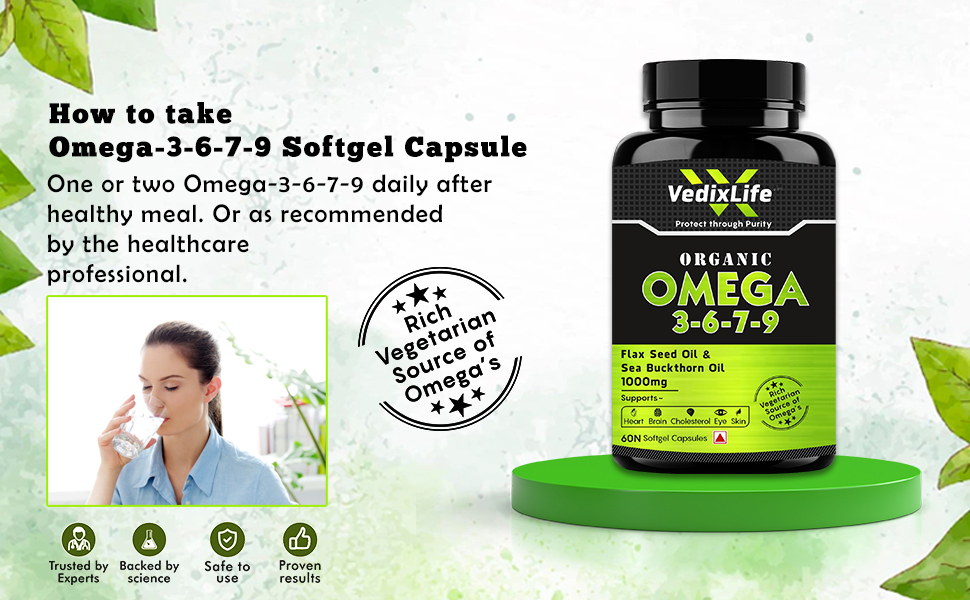 OMEGA 3-6-7-9 Capsule With Flax Seed & Sea Buckthorn Oil | Organic Ingredients, Non-GMO, Gluten Free for Men and Women | Immunity Booster, For Stronger Bones And Joints | 60 Softgel Capsules