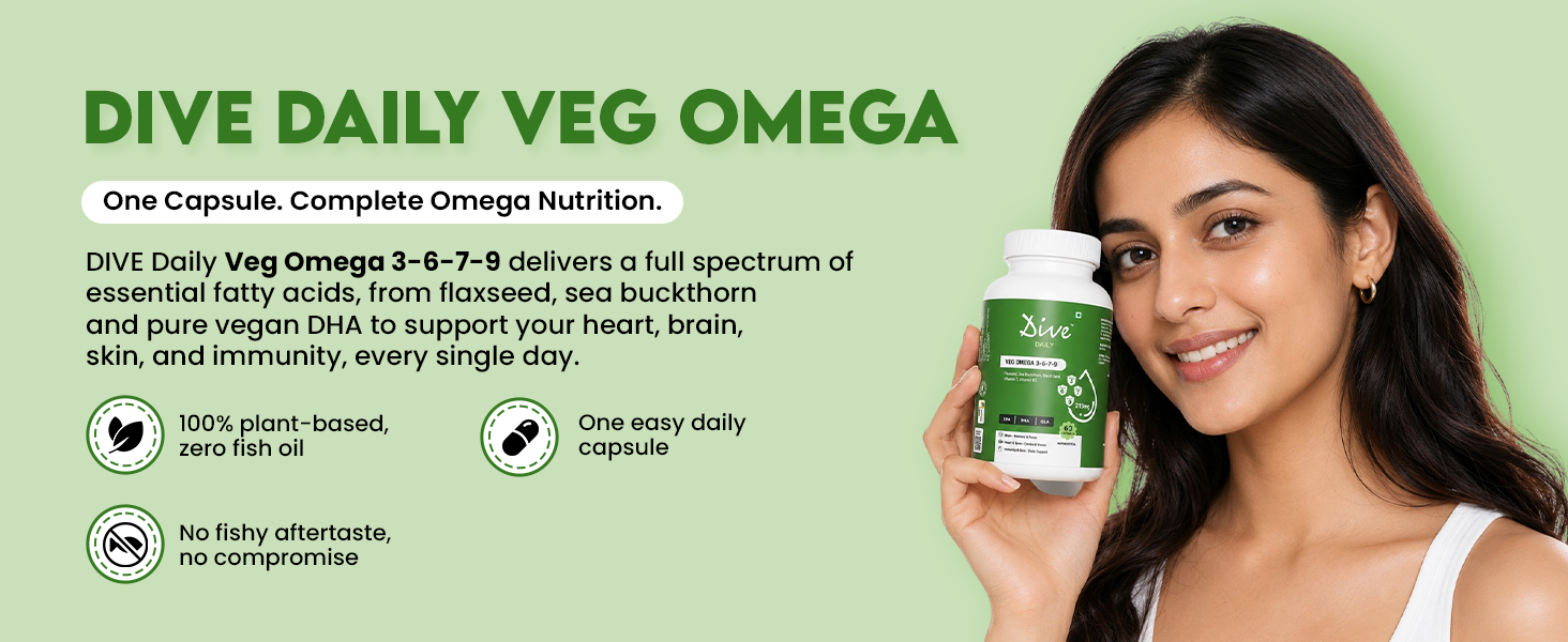 Dive Daily Veg Omega 3-6-7-9 | Plant-Based Omega Supplement with Flaxseed, Sea Buckthorn & DHA | Supports Heart, Brain, Skin, Eyes & Immunity | Vegetarian Fish Oil Alternative | 60 Veg Capsules