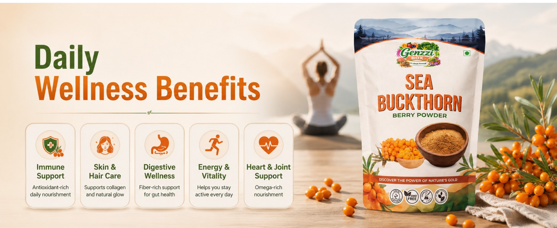 Genzzi Box Himalayan Sea Buckthorn Berries Powder | Rich in Omega 3, 6, 7, 9 | Collagen, Fiber, Vitamin C, Vitamin E | Dry Sea Buckthorn Berry Powder (200Gm)