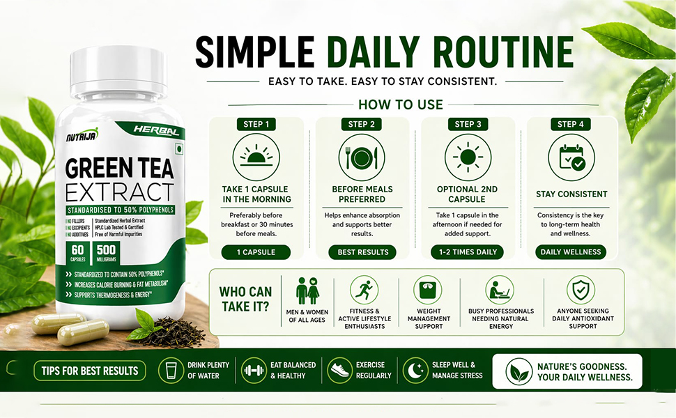 NutriJa Green Tea Extract 500mg | Standardized to 50% Polyphenols | 60 Capsules | Herbal Daily Wellness Supplement