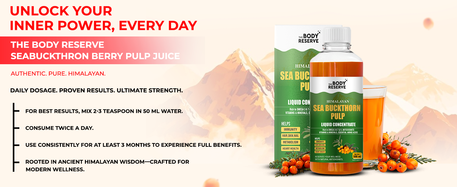 The Body Reserve Himalayan Sea Buckthorn Juice 500ml | Cold Pressed Seabuckthorn Berry Pulp Concentrate | Natural Vitamin C | Omega 3-6-7-9 | Antioxidant-Rich Gut Health Juice for Skin Glow, Heart & Immunity Support
