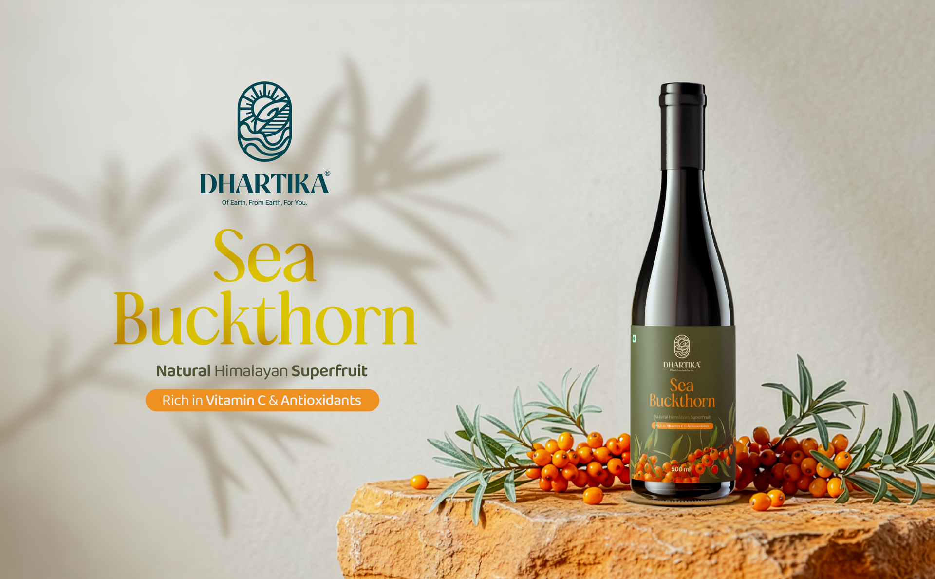 Dhartika Himalayan Sea Buckthorn Juice Pulp Liquid Concentrate Supplement For Healthy Body | Cold Pressed from Ladakh Berries | Natural Vitamin C, Omega 3-6-7-9 & Antioxidants | Supports Immunity, Skin Glow & Gut Health - 500ML