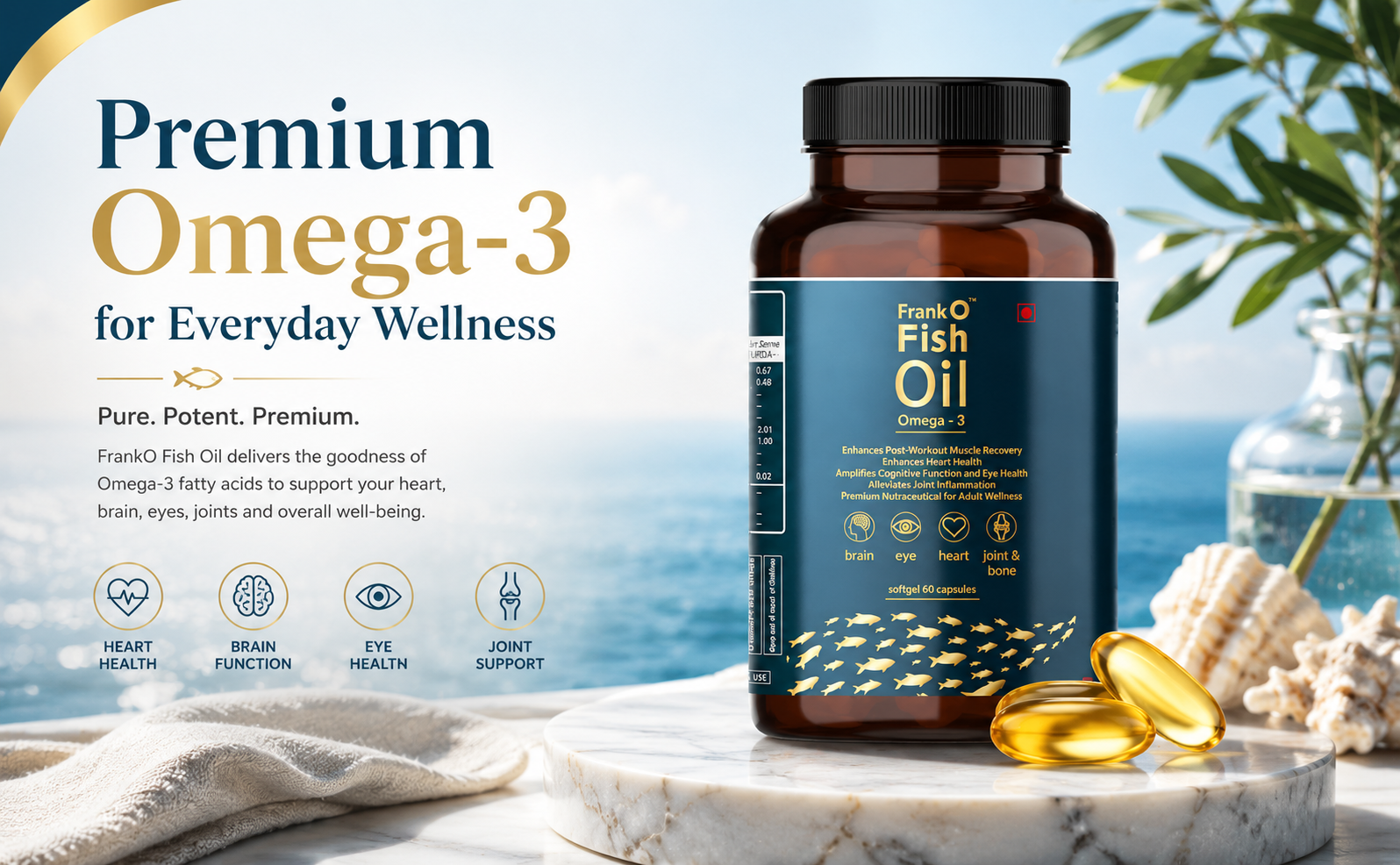 Frank O Fish Oil Omega-3 Softgel 60 Capsules | Rich in EPA & DHA | Supports Heart, Brain & Joint Health | Daily Omega 3 Supplement for Adults