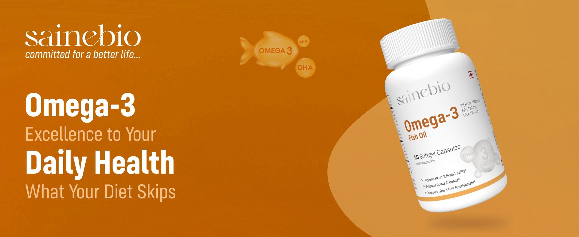 Sainebio Omega-3 Fish Oil 1000mg Softgels | 180mg EPA & 120mg DHA | Heart, Brain, Eye & Joint Support | Burp-Free Fish Oil for Men & Women | 60 Softgels