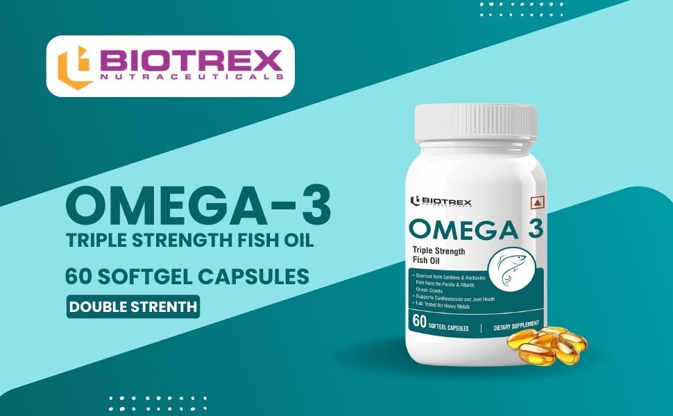 Biotrex Nutraceuticals Omega 3 Triple Strength Fish Oil Enriched With Salmon Fish Oil (Omega 3), EPA, DHA, Astaxanthin, Evening Primrose Oil - 60 Softgel Capsules