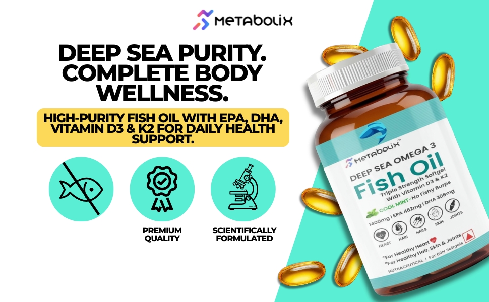 Deep Sea Omega 3 Fish Oil Capsules (60) | High EPA & DHA for Heart, Brain, Joint & Skin Health | Triple Strength Omega 3 supplement for Immunity, Metabolism & Inflammation Support
