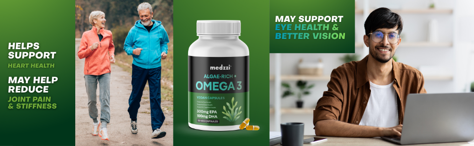Algae-Rich Omega 3 Vegan Capsules | 300mg EPA & 100mg DHA | Plant Based Omega-3 | Supports Eye, Brain, Bone & Heart Health | 30 Capsules