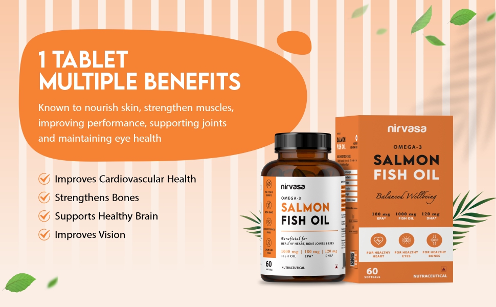 Nirvasa Omega-3 Salmon Fish Oil Capsules (1000mg, 3x60 Softgels) | High-Potency 180mg EPA & 120mg DHA | Supports Heart, Brain, Eye & Bone Health | No Fishy Burps | For Men & Women – Pack of 3