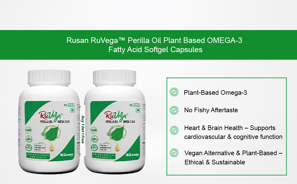 Rusan RuVega Plant-Based Omega 3 & 6 Softgel 60 Capsules | Herbal Perilla Oil with ALA | Fish-Free Softgel Nutraceutical for Adults | Vegan Supplements | Supports Heart, Brain, Joint & Skin Health