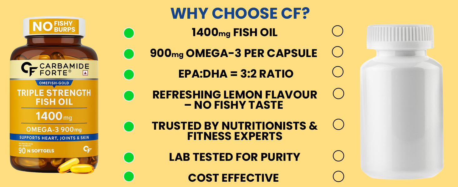Carbamide Forte Triple Strength Omega 3 Fish Oil Capsule with 495 mg EPA & 330 mg DHA | 60 Softgel Capsules | Supports Heart, Joints and Skin (Pack of 3)