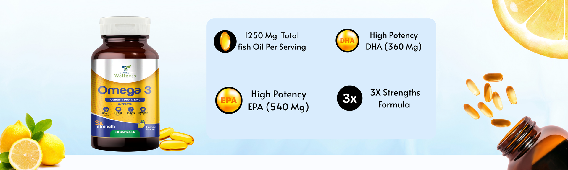Gentech Wellness Omega 3 Fish Oil 1250mg Softgel Capsules with EPA & DHA – Triple Strength Omega 3 Supplement for Heart Health, Brain Function, Joint Support, Cholesterol & Skin Care – 30 Softgels.