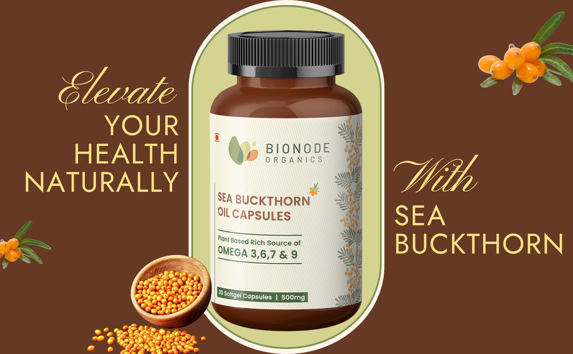 Sea Buckthorn Oil Capsules, 500mg, Plant Based Omega 3 6 7 9, 30 Softgels